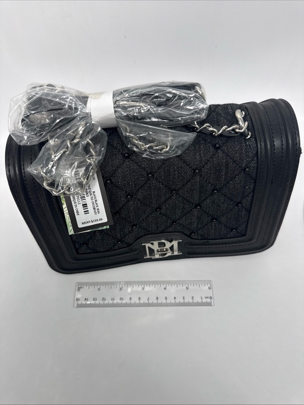 Badgley Mischka Black Quilted black diamond denim Crossbody Bag Silver Hardware - Picture 3 of 16